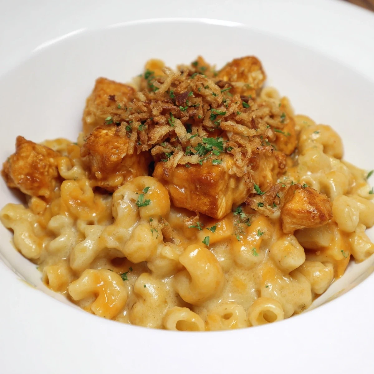 Creamy One-Pot Honey BBQ Chicken Mac and Cheese, bubbling and ready to serve with parsley.
