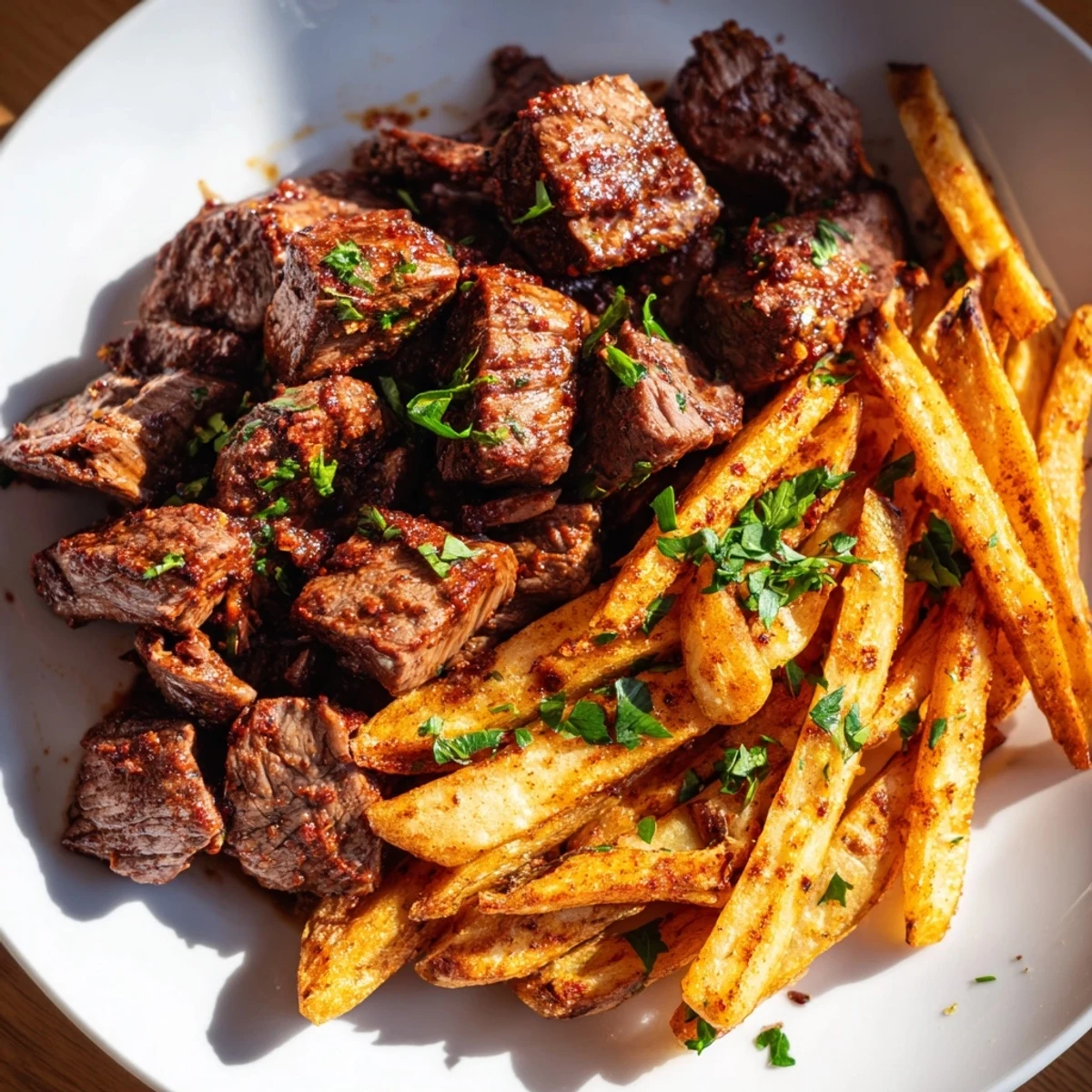 Tender, spicy Blackened Cajun Steak Bites alongside a bed of perfectly crisp, seasoned french fries for dinner.