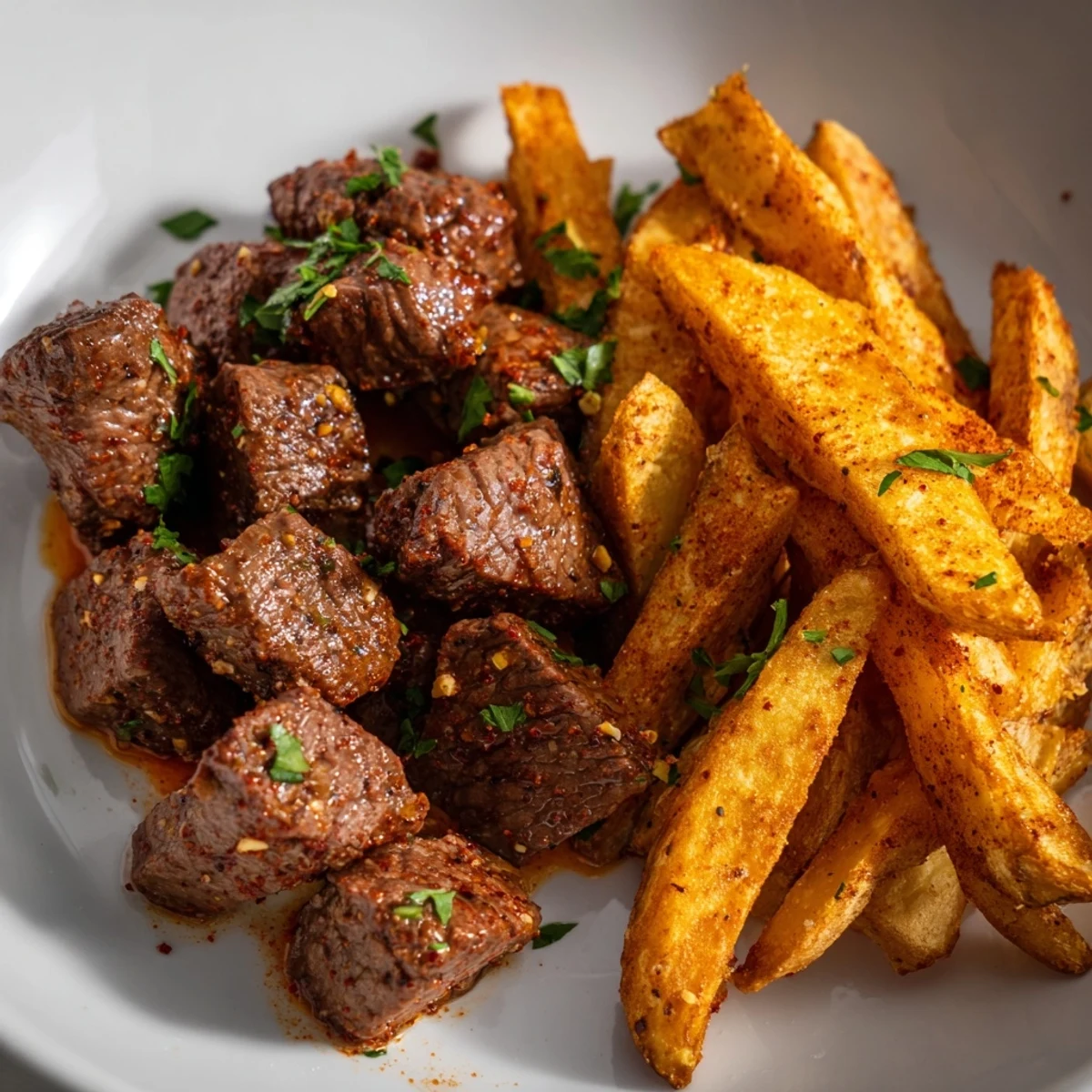 Sizzling Blackened Cajun Steak Bites with golden fries: a flavorful, perfectly cooked, delicious main dish.