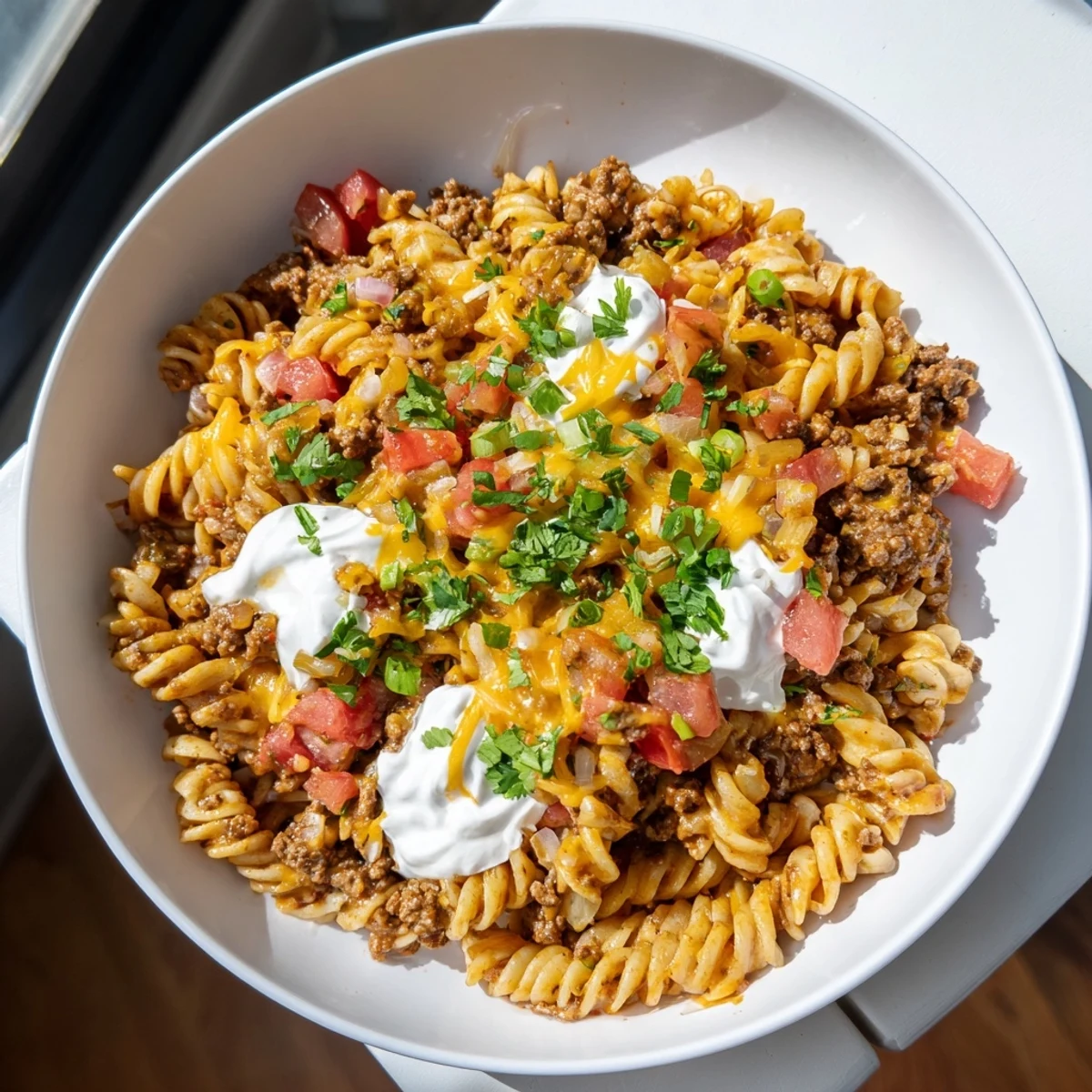 A flavorful one-pan Cheesy Taco Pasta Skillet with melted cheese, savory beef, and creamy pasta.