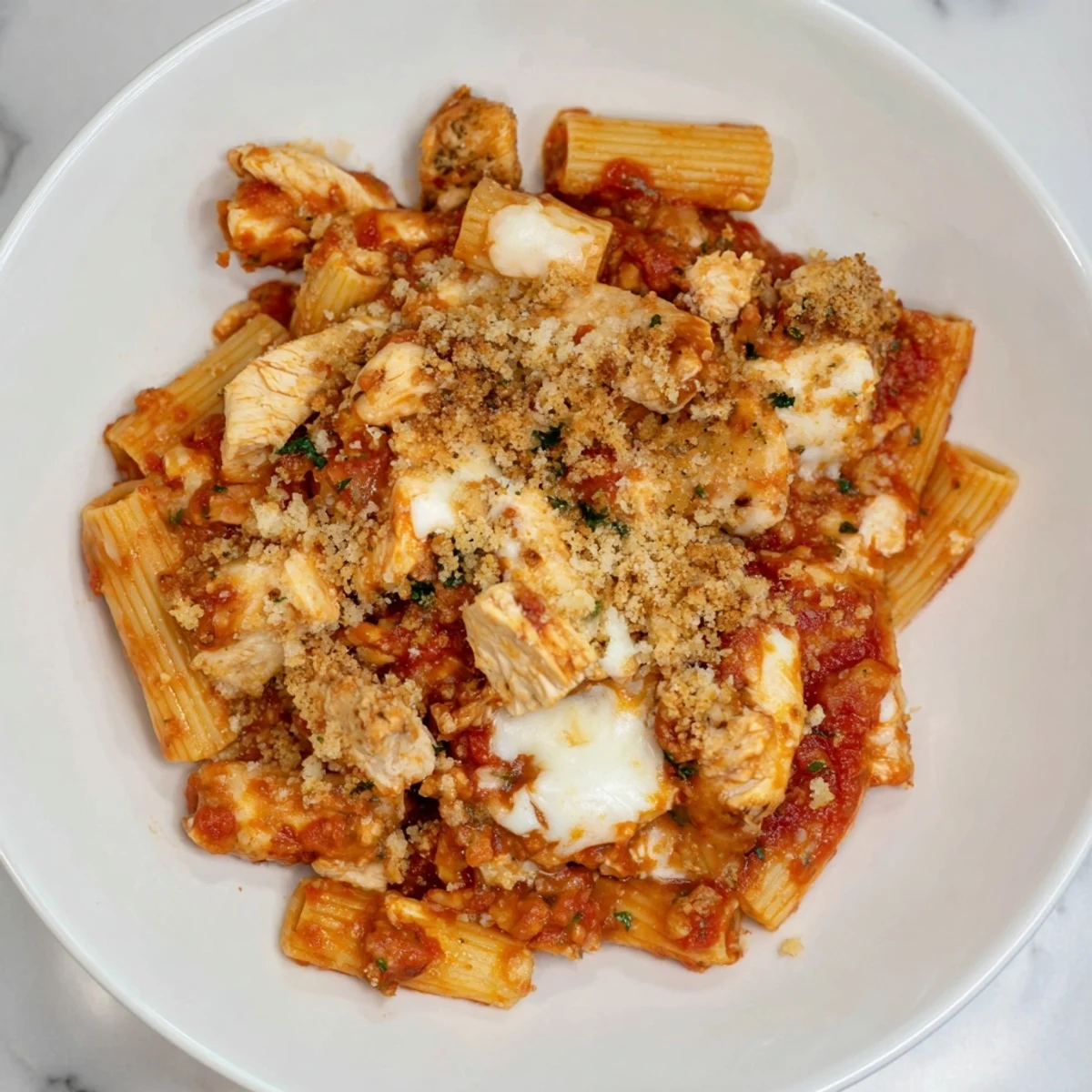 A bubbling dish of Baked Chicken Parmesan Pasta, golden and cheesy, ready to be served.