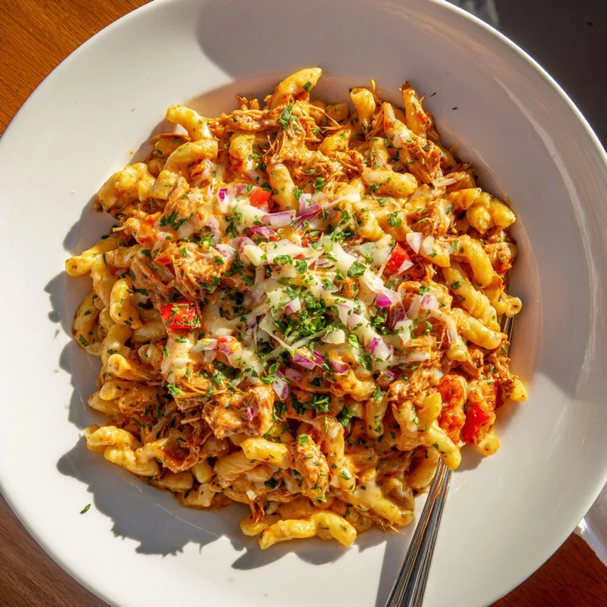 A close-up of a flavorful BBQ Rib Macaroni Skillet, promising a creamy, hearty bite.