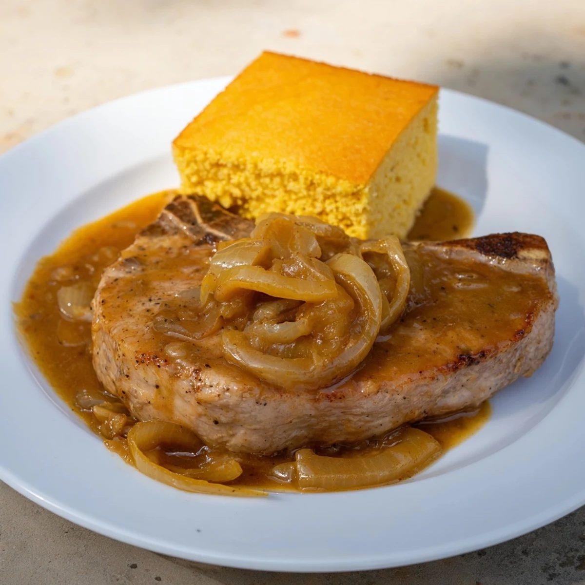 Smothered Pork Chops & Cornbread: Tender pork chops in rich gravy, served with golden cornbread, a true comfort meal.