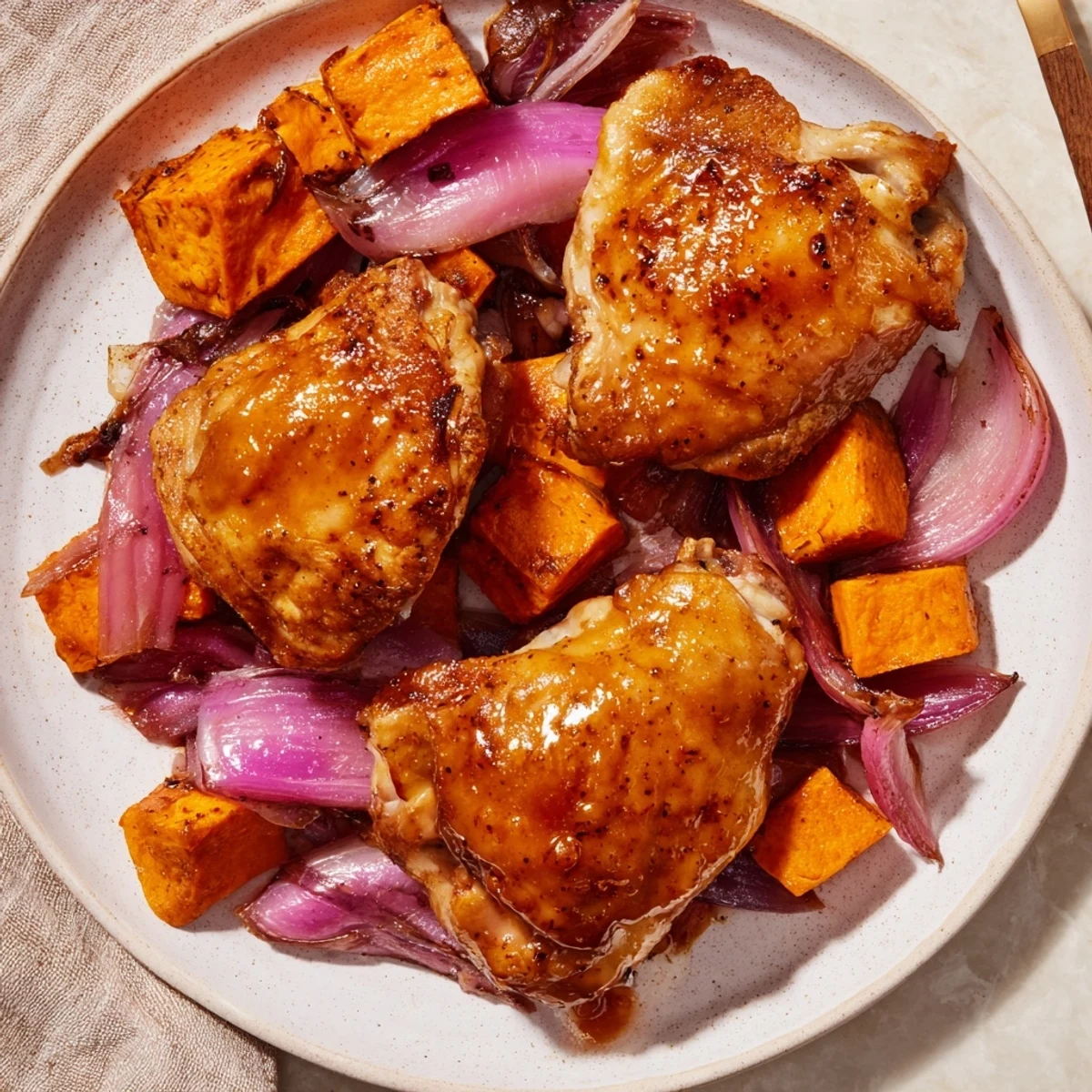 Rustic serving of Maple Glazed Chicken & Sweet Potato Bake, showcasing the savory glaze over the delicious chicken.