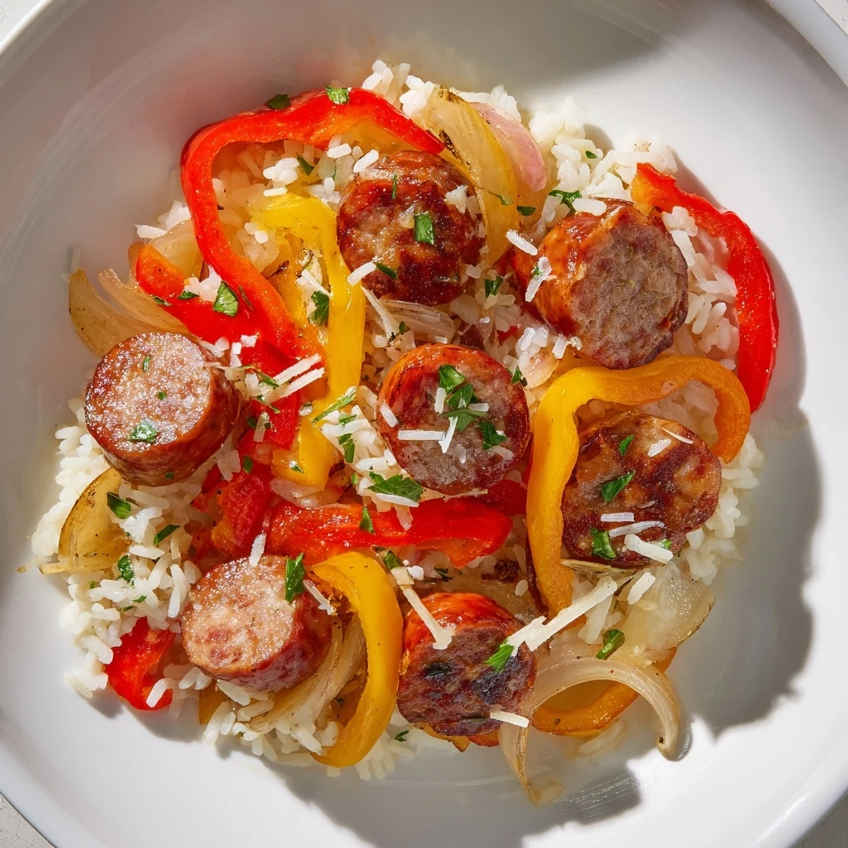 A steaming plate of Italian Sausage & Peppers Rice, fragrant with herbs and tender sausage.