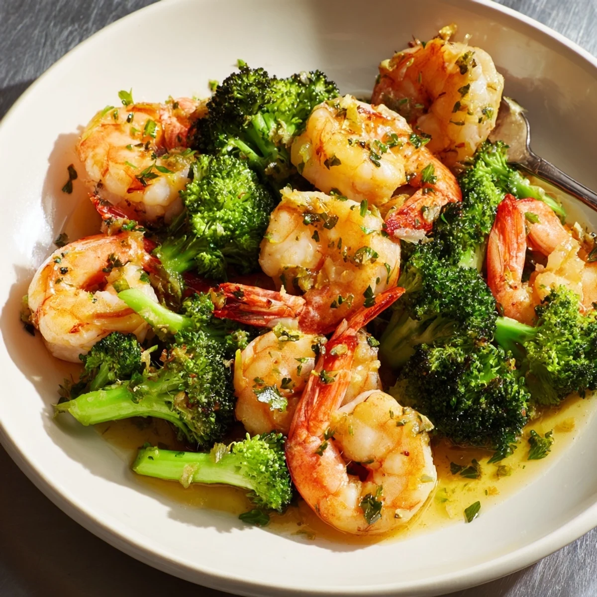 Bright, buttery lemon butter shrimp & broccoli, served with fresh parsley and a squeeze of lemon.