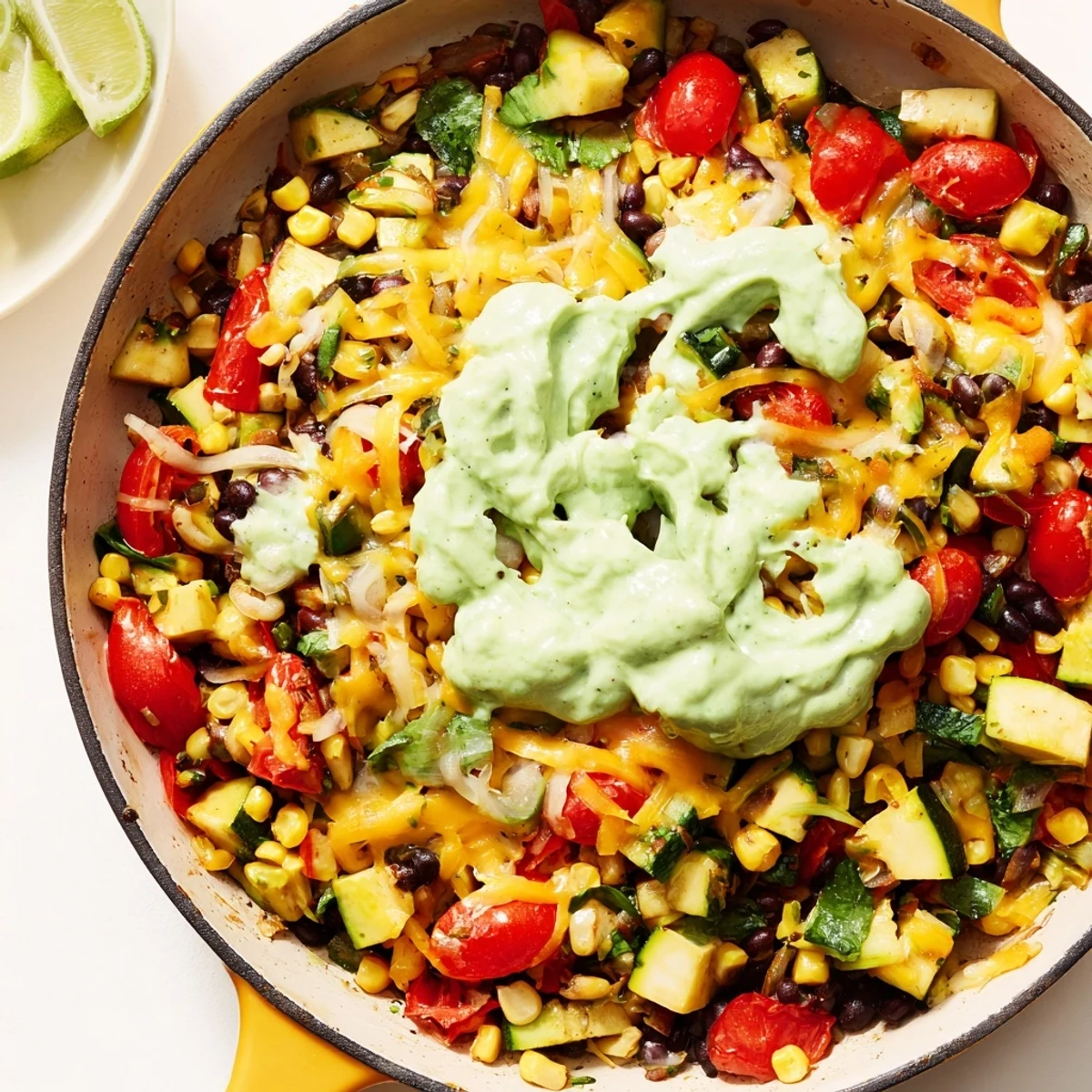 Vibrant veggie-packed taco skillet with melted cheese and creamy avocado yogurt—a Tex-Mex delight.