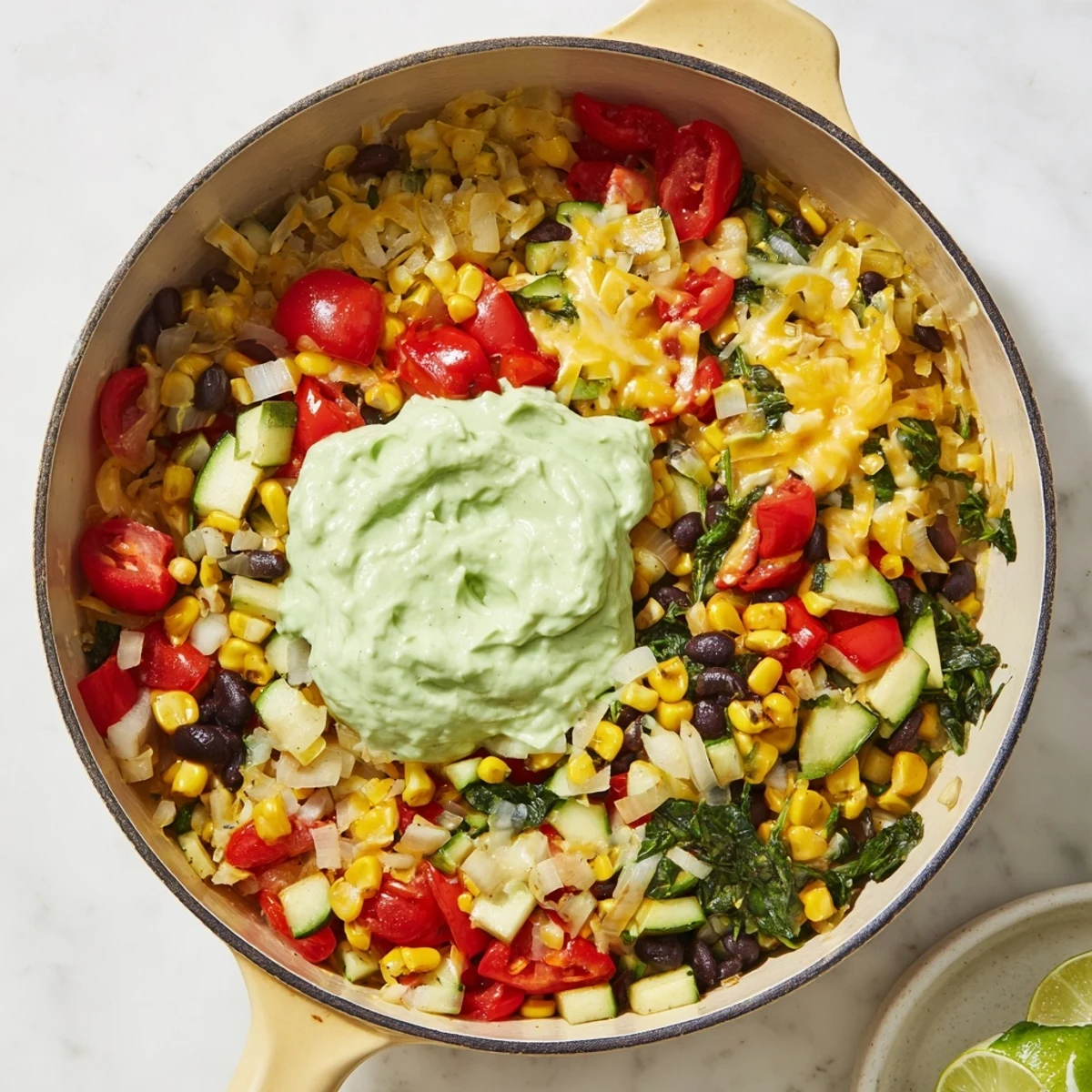 A steaming skillet of veggie-packed taco, spiced perfectly, with cheese, cilantro, and fresh lime wedges.