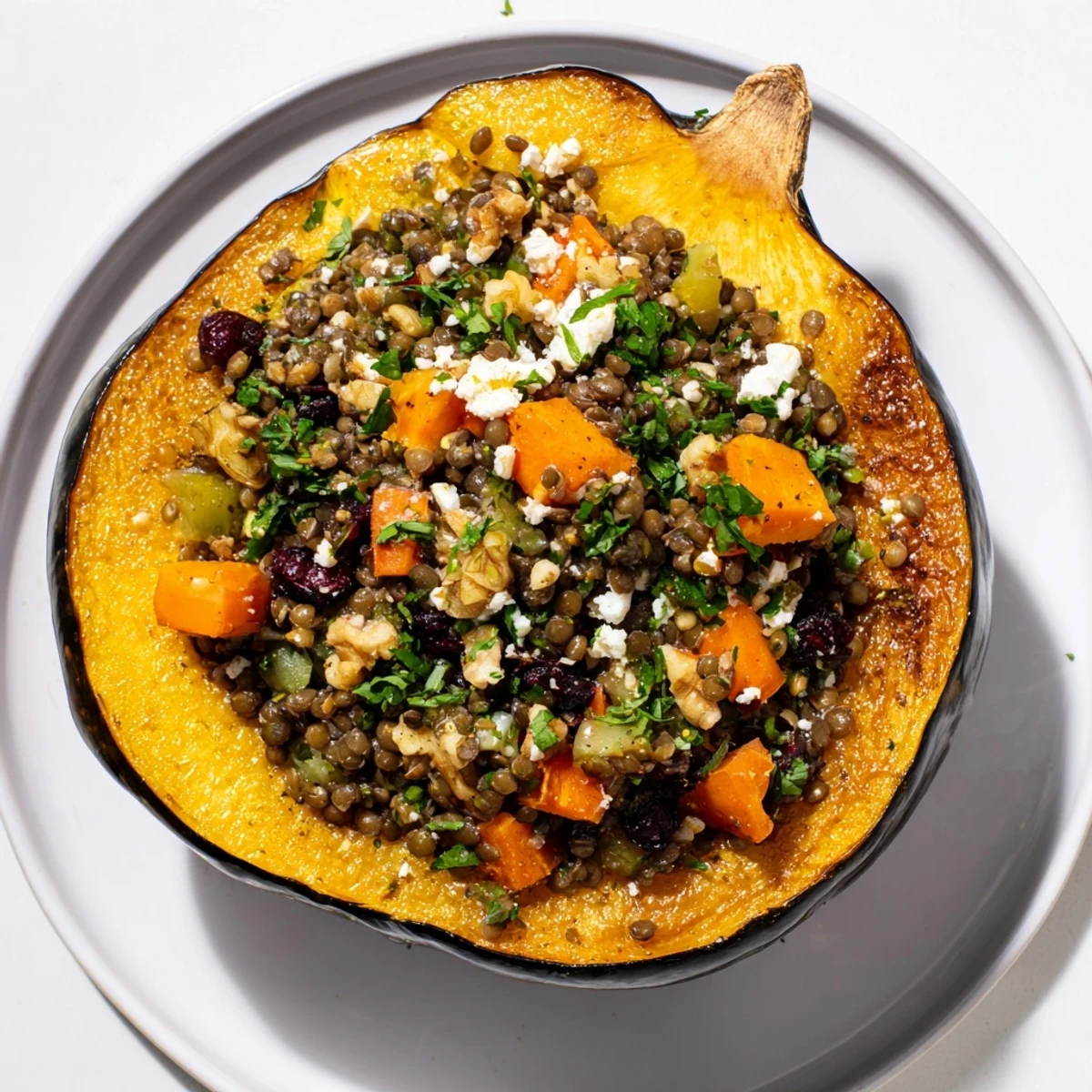 Savory Lentil & Walnut Stuffed Acorn Squash, with vibrant filling spilling from squash halves.