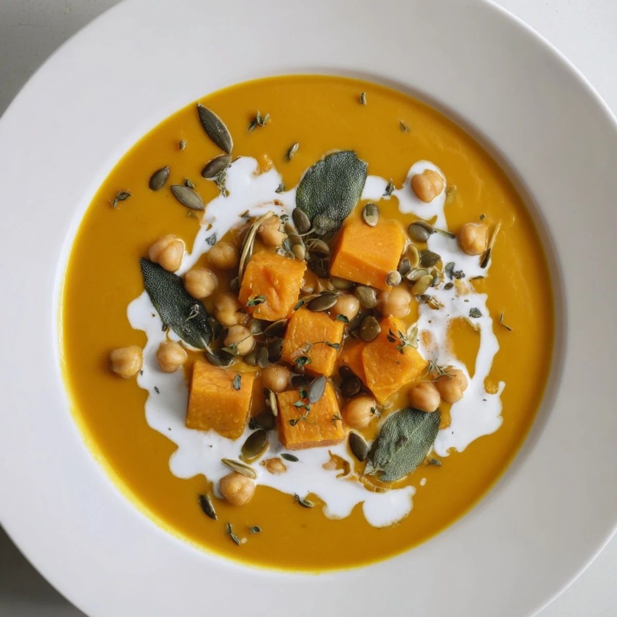 Creamy Chickpea, Pumpkin & Sage Soup, a vibrant, orange-hued soup, ready to warm you up.