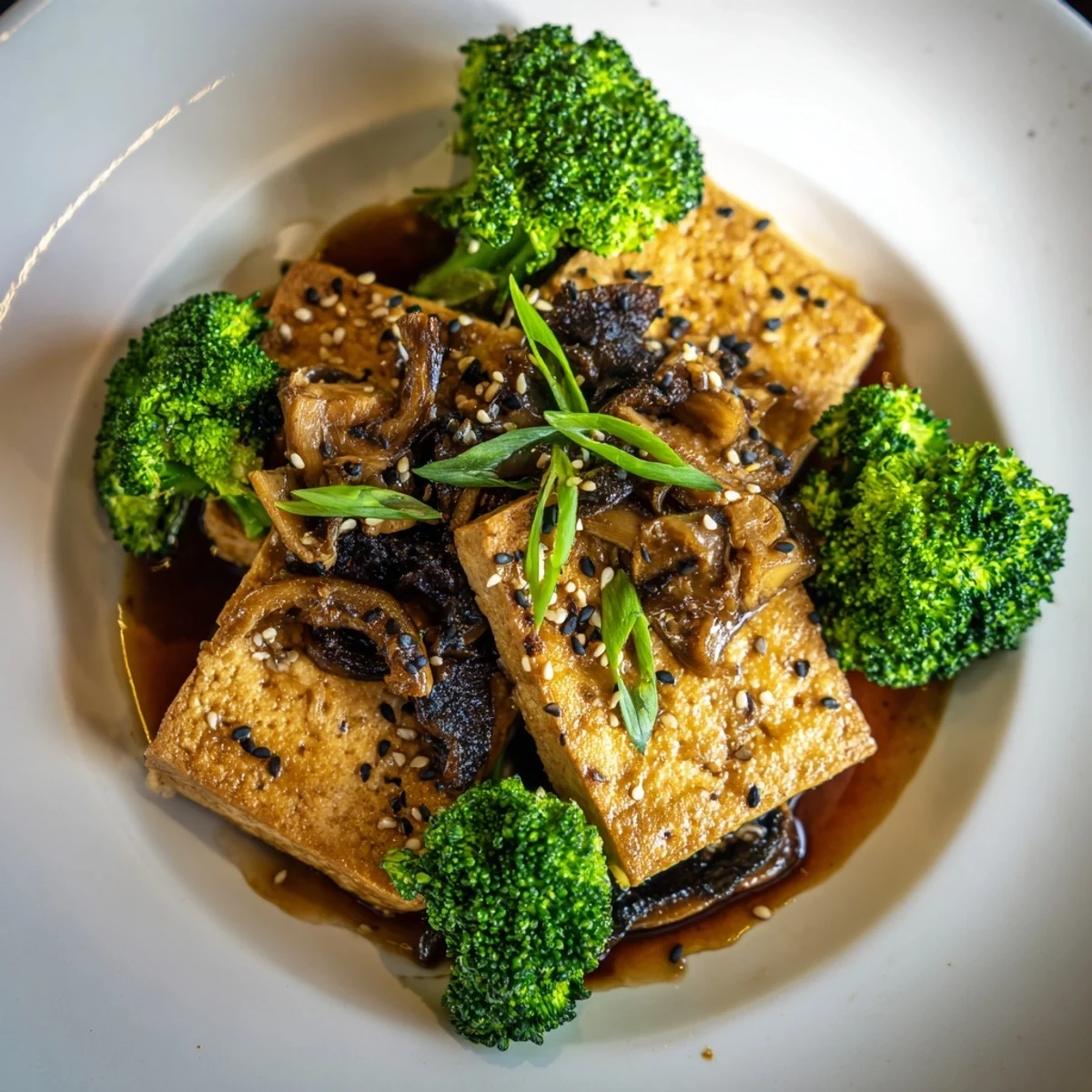 Imagine flavorful Sautéed Tofu Steak with Broccoli, served with a rich soy-garlic sauce and fresh garnishes.