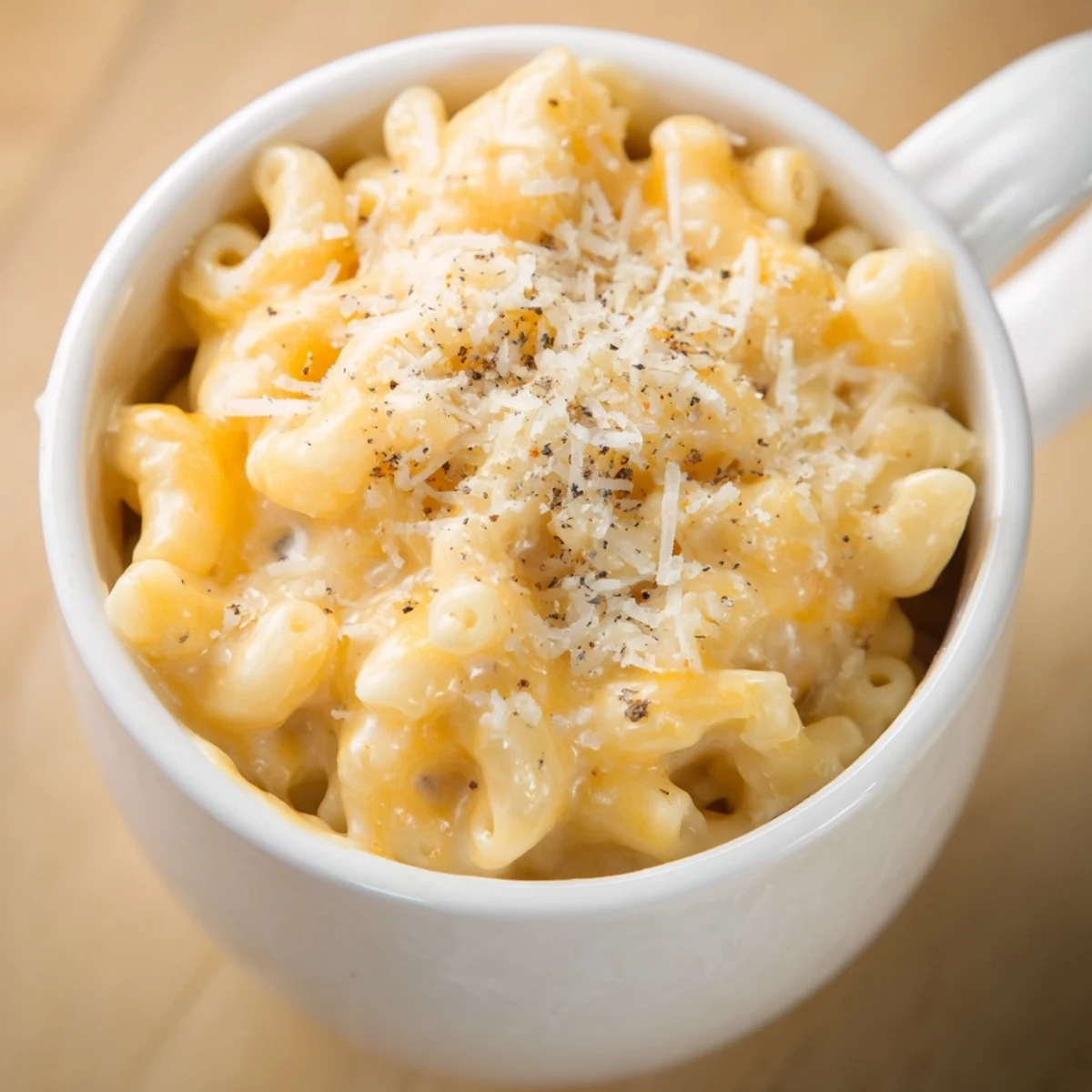 Steaming hot mug mac & cheese, a single-serve, creamy, cheesy, and microwave-ready comfort food.