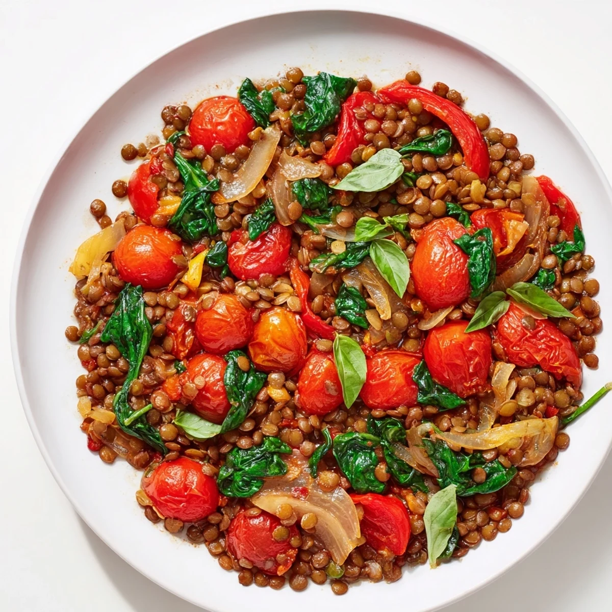 Close-up of a flavorful Lentil-Tomato Skillet, a one-pan Mediterranean masterpiece ready to be served.