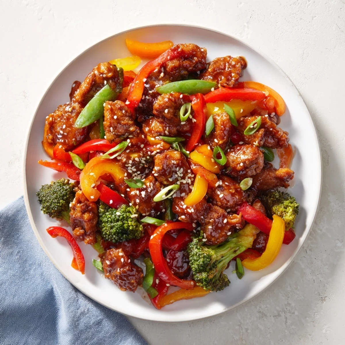 Steaming plate of Chicken Stir-Fry, with vibrant bell peppers and a delicious sauce.
