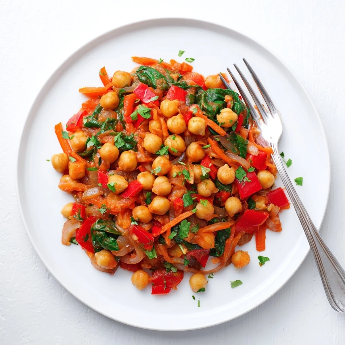 Steaming Vegetarian Chickpea & Spinach Skillet, vibrant with red pepper and fresh parsley garnish.