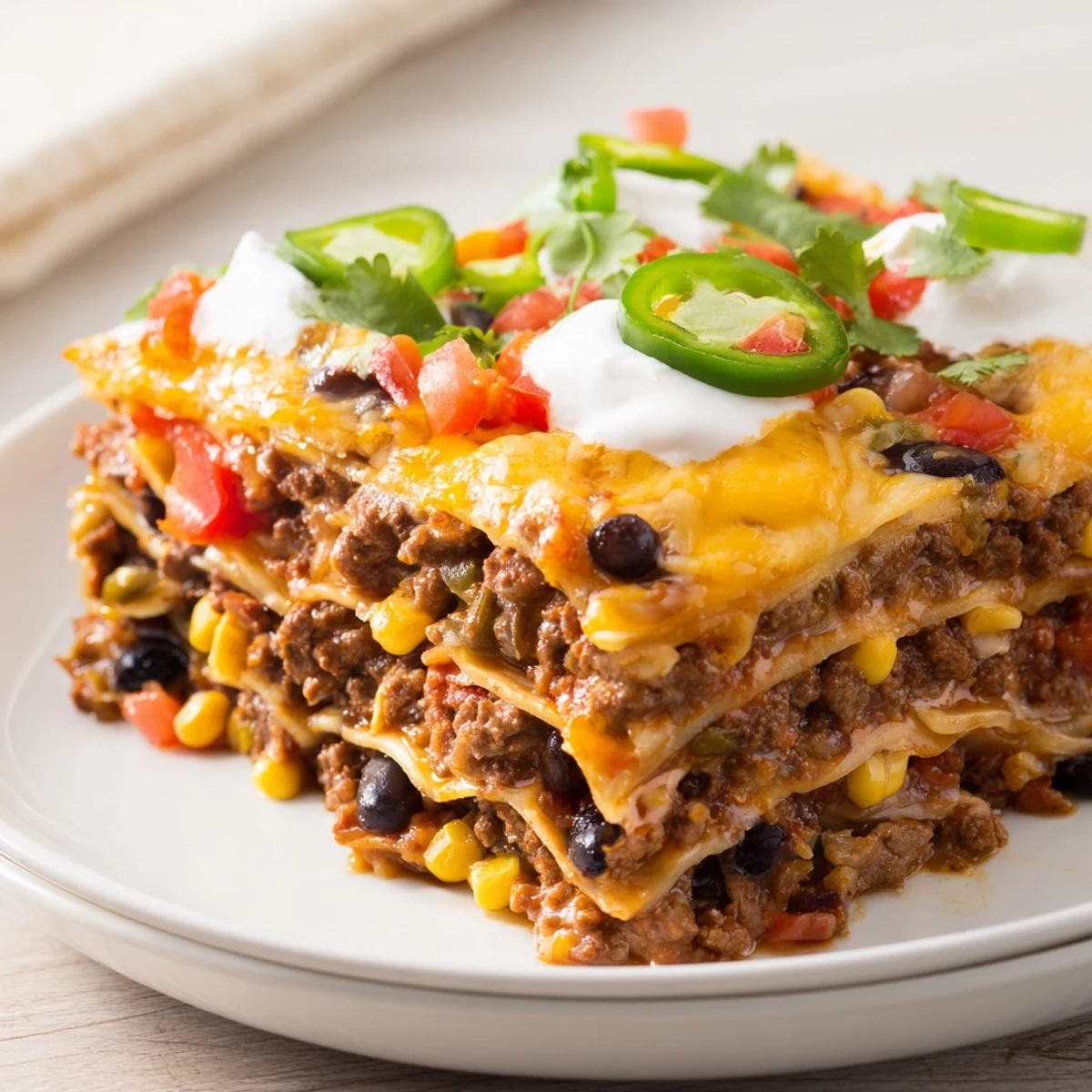 A layered dish of Taco Lasagna with vibrant toppings and melted cheese, ready for serving.