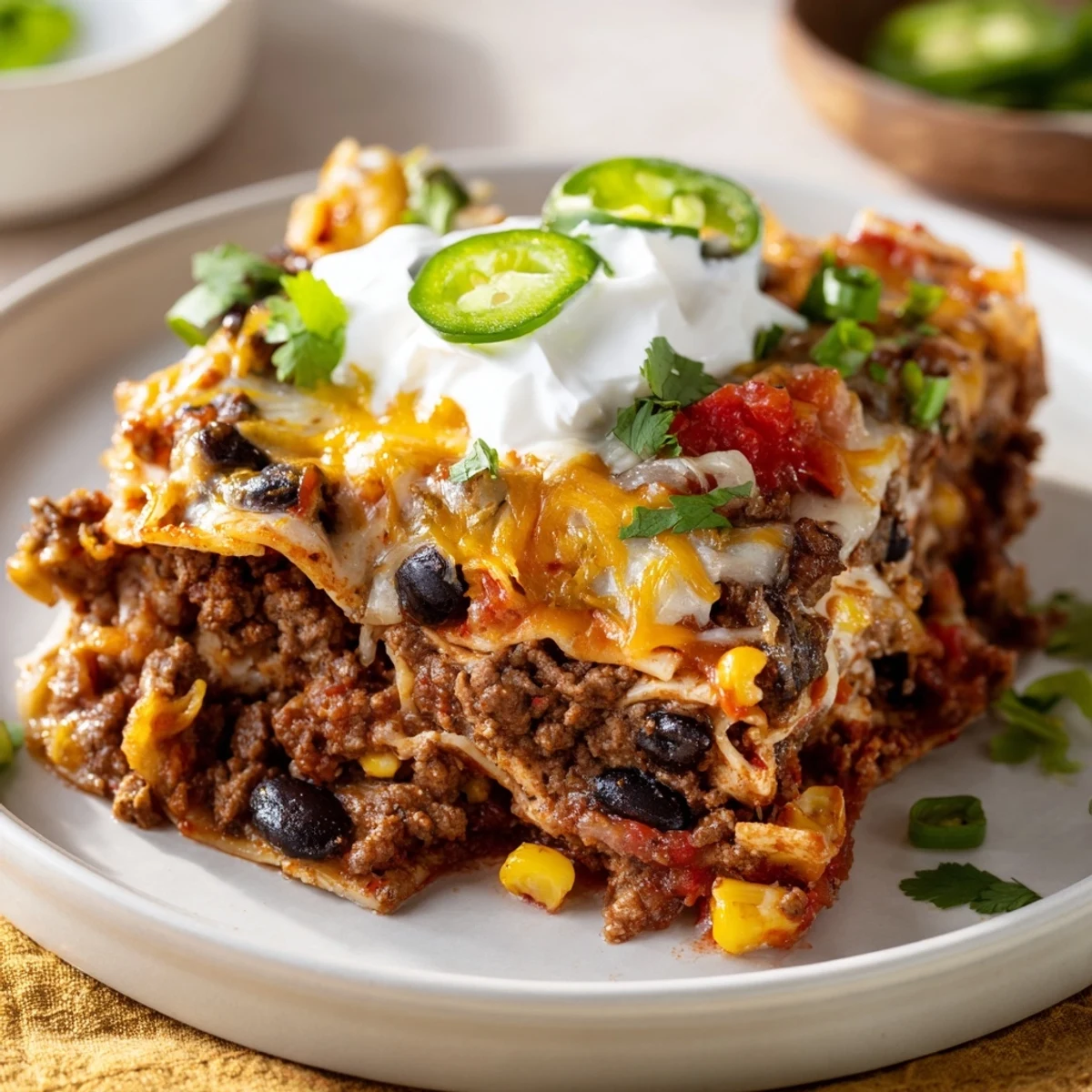 Golden, bubbly Taco Lasagna fresh from the oven, offering a cheesy, savory aroma.
