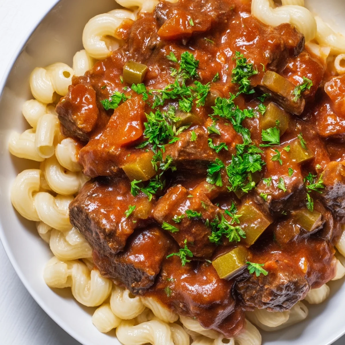 A flavorful bowl of homemade goulash featuring beef, tender pasta, and savory spices.