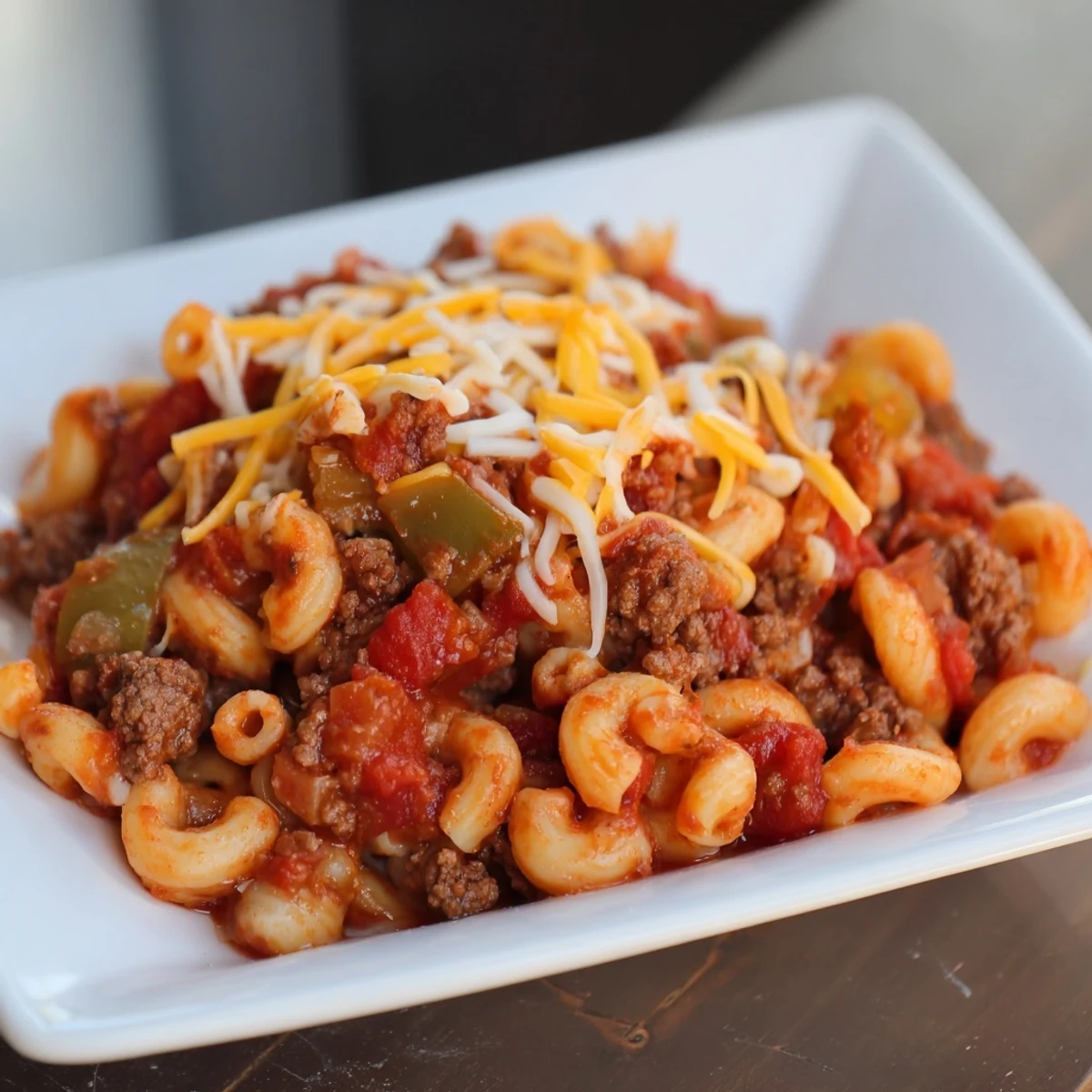 Golden, bubbling Hamburger Casserole topped with melty cheese, ready to serve for a family dinner.
