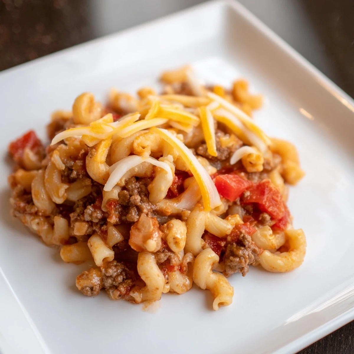A close-up shot of steaming Hamburger Casserole, showcasing the savory ground beef and rich tomato sauce.