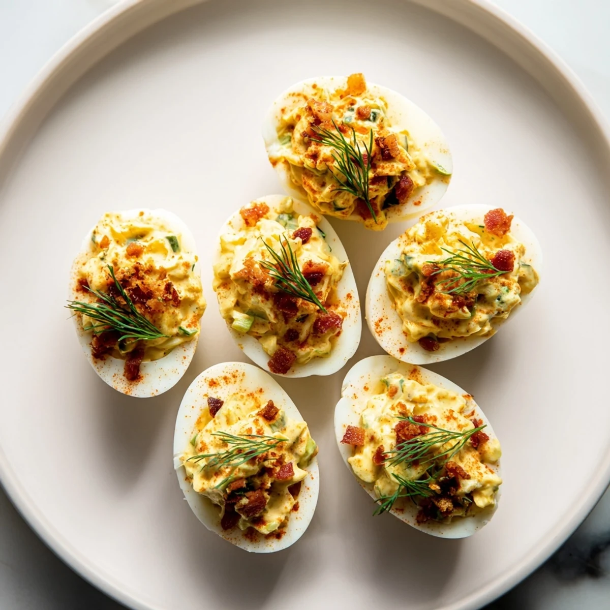 Loaded deviled eggs, bright yellow filling topped with paprika, ready for your next gathering.
