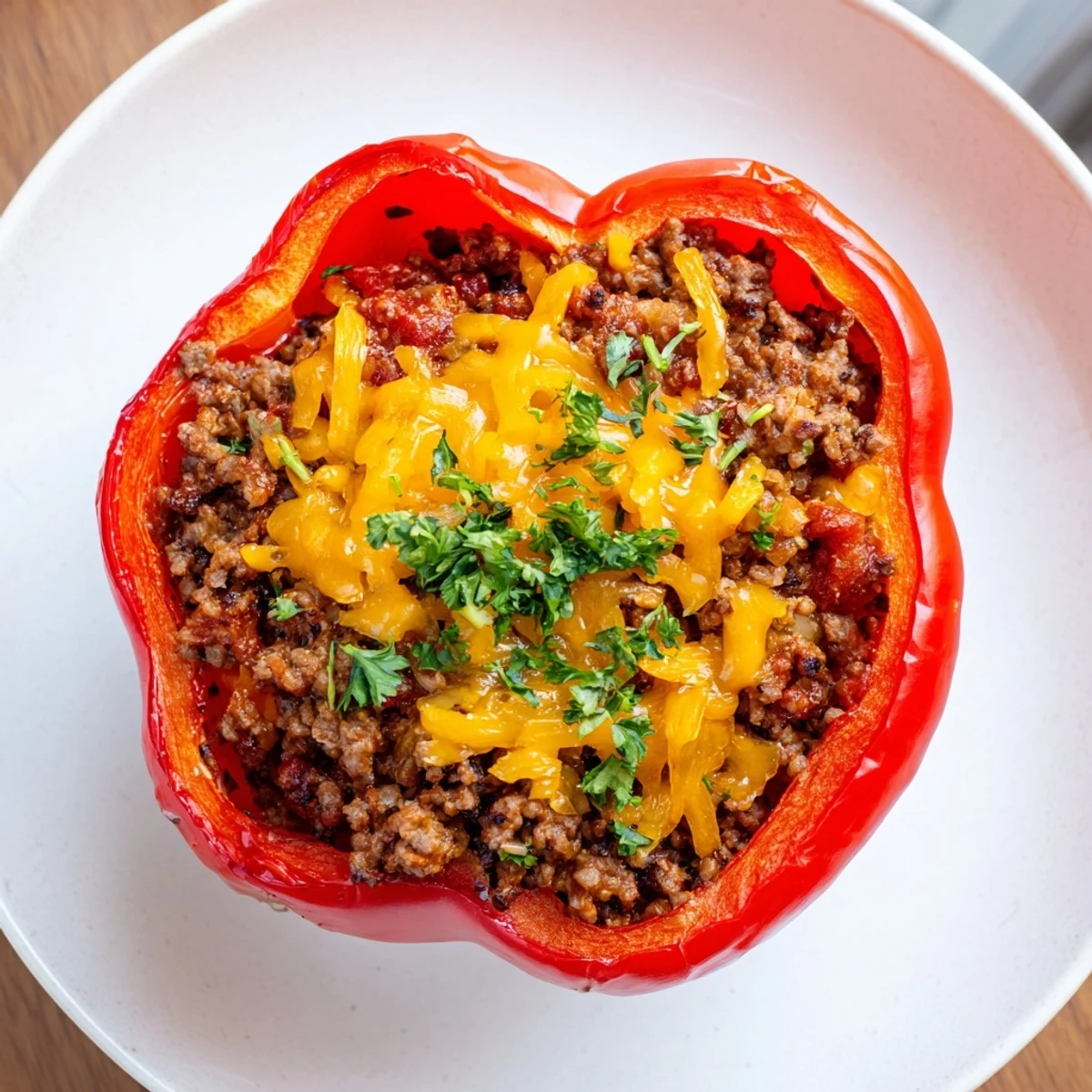 Golden cheddar melts atop the savory ground meat inside these Sloppy Joe Stuffed Peppers, ready to eat.