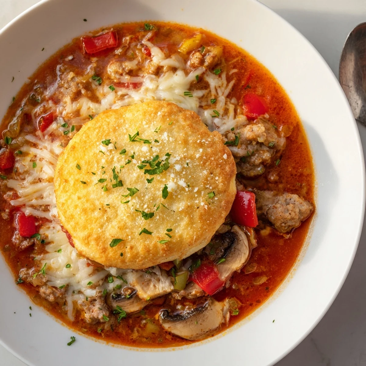 Pizza Pot Pie Soup topped with golden, bubbly cheese and biscuit crust.