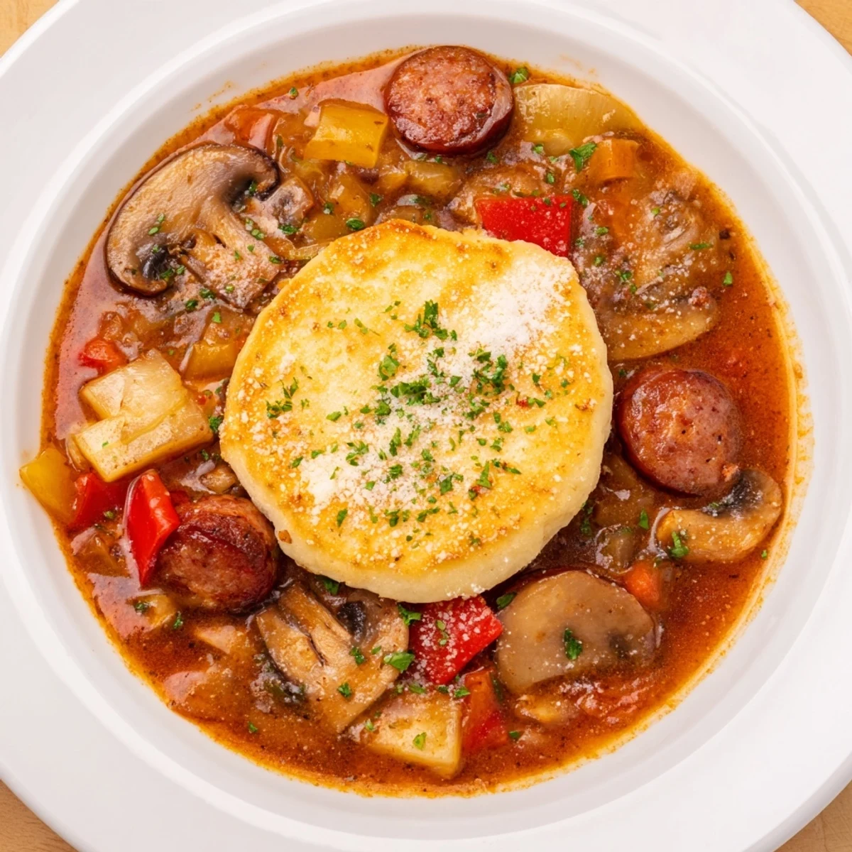 A steaming bowl of Pizza Pot Pie Soup, perfect for a cozy, comforting meal.