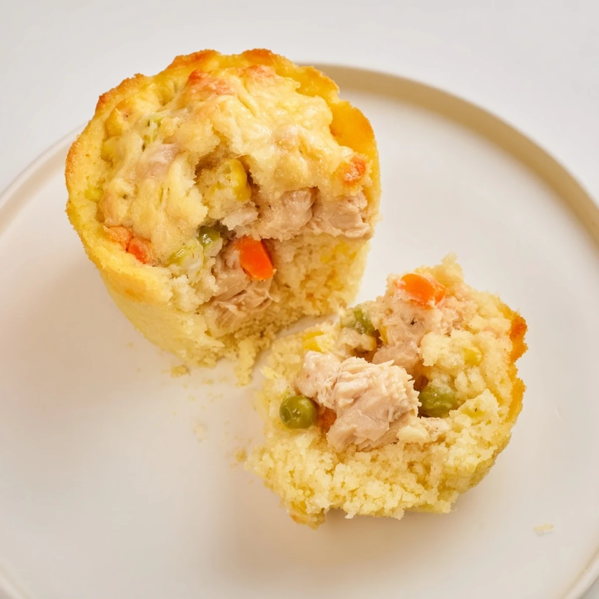 Golden-brown Mini Chicken Pot Pie Cornbread Muffins, warm and savory, ready to eat.