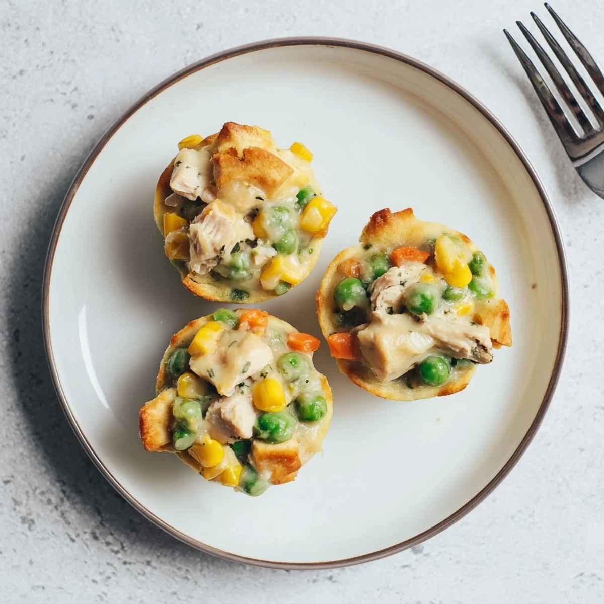 Tender, bite-sized Mini Chicken Pot Pie Cornbread Muffins, perfect for a cozy snack, fresh from the oven.