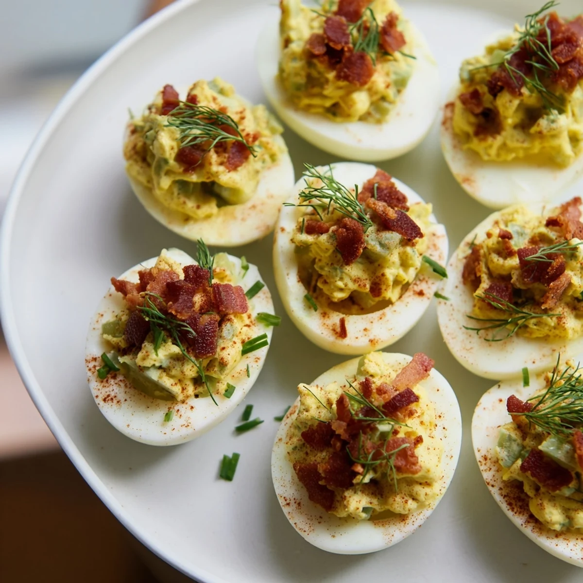 Perfect party appetizer: loaded deviled eggs with savory bacon and paprika sprinkled over the tops.