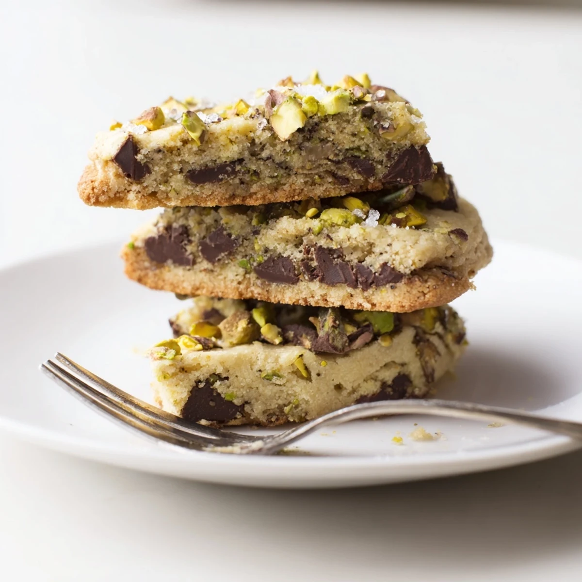 Golden brown Salted Pistachio Chocolate Chunk Shortbread cookies, perfectly crisp, with visible chocolate and pistachios.