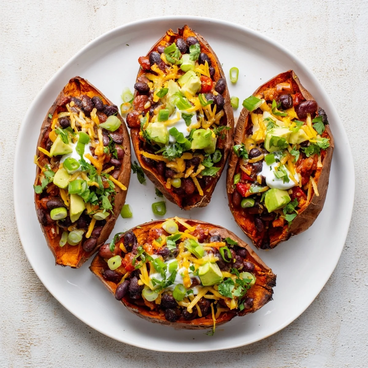 Golden-baked sweet potatoes elegantly cradling flavorful chili, a fantastic serving of Savory Baked Sweet Potato Chili Boats.