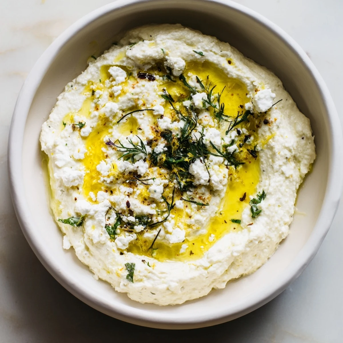 Enjoy the vibrant flavors of this whipped feta appetizer, seasoned with aromatic Greek herbs.