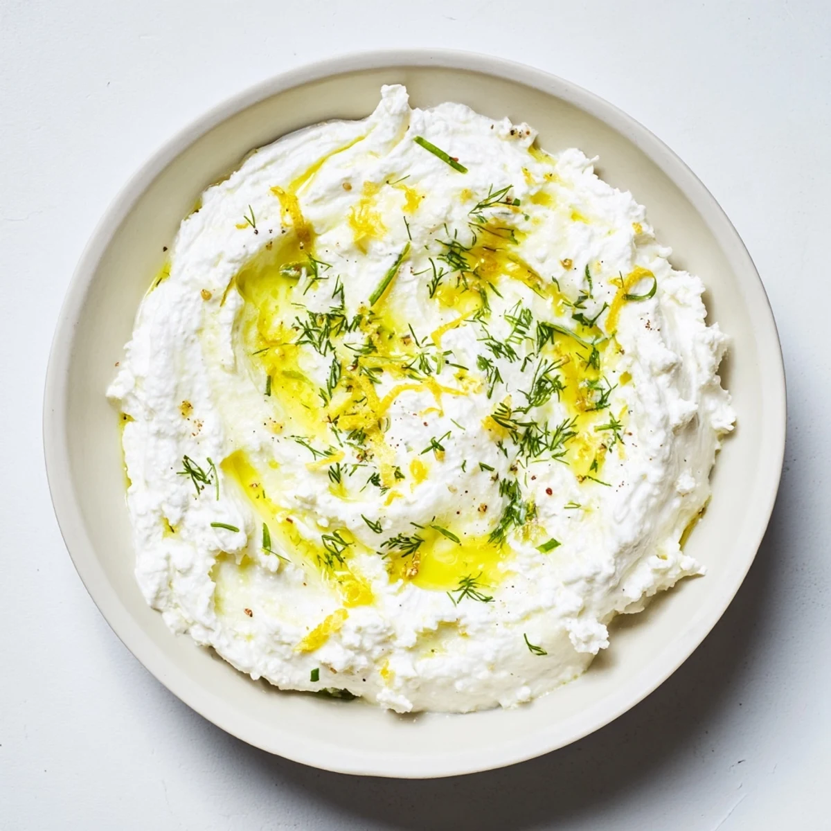 A close-up of a delightful whipped feta, garnished and ready, perfect for dipping and sharing.