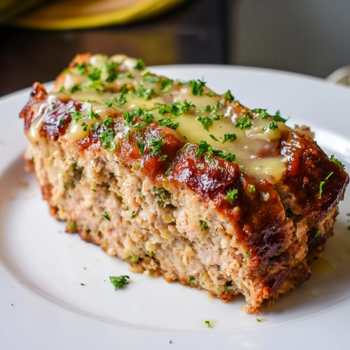Juicy Garlic Parmesan Chicken Meatloaf, glistening with glaze, ready to serve with fresh parsley.