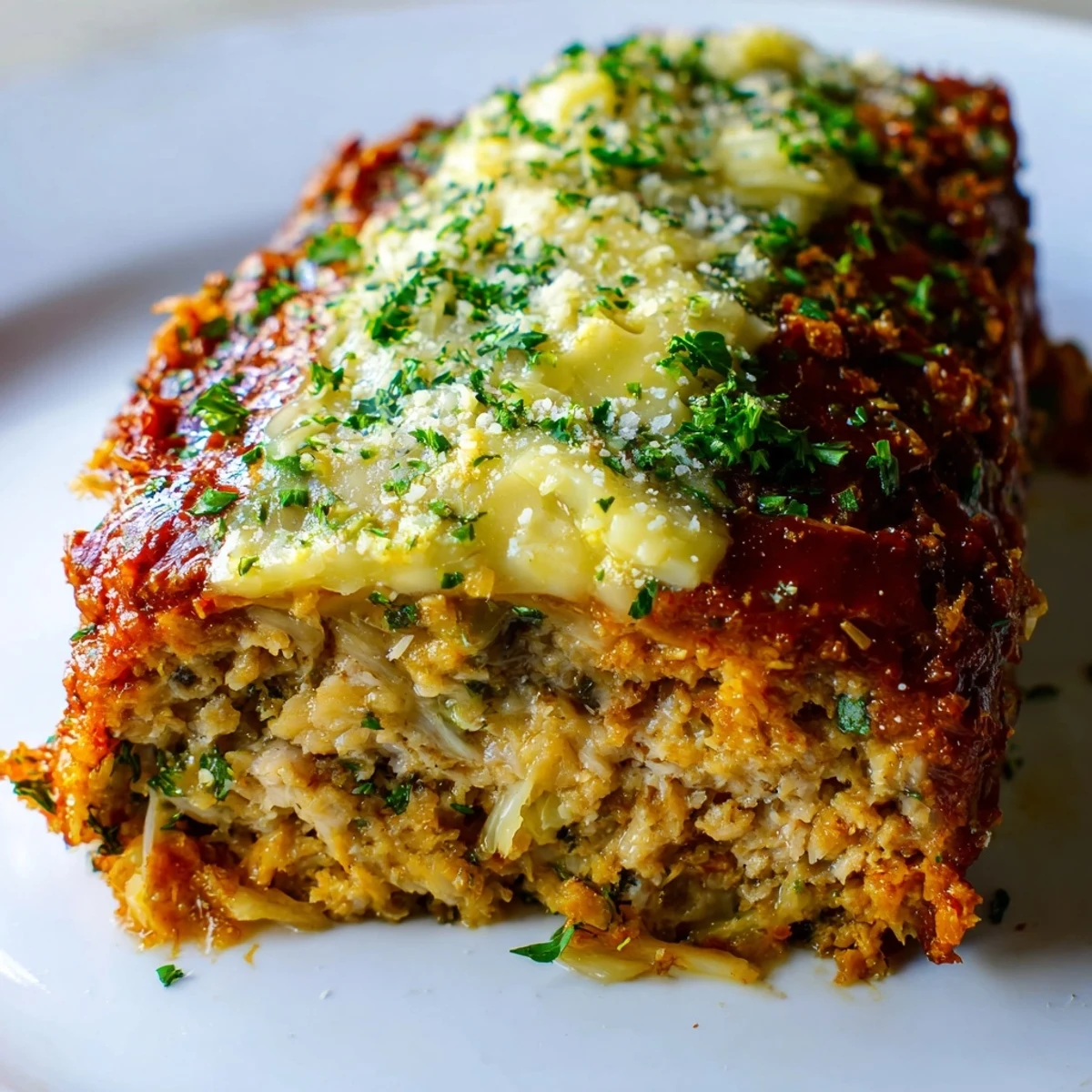 A close-up of a perfectly sliced, tender Garlic Parmesan Chicken Meatloaf, a comforting family meal.
