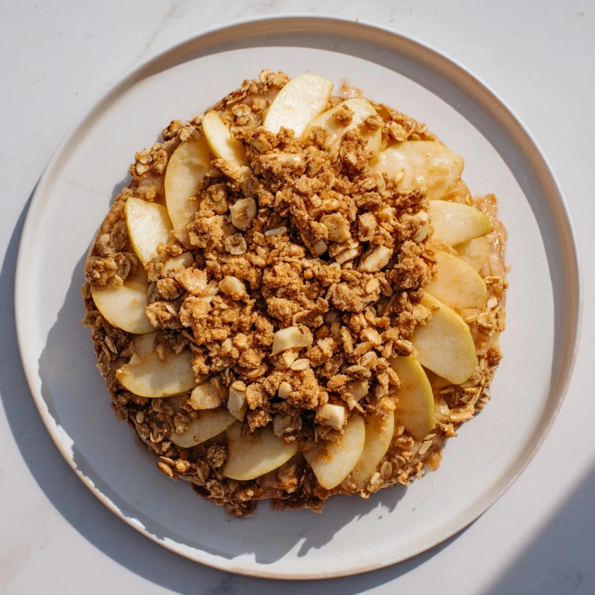 Freshly baked Best Apple Crisp, showcasing a delicious oat-almond crumble topping on tender fruit filling.