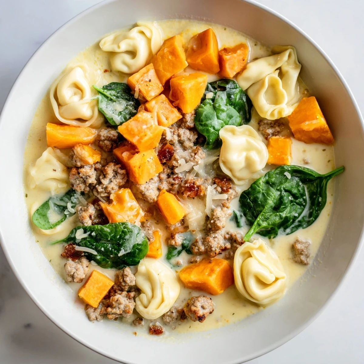 Creamy Sausage Tortellini Soup simmering, with visible sweet potato chunks and fresh spinach on top.