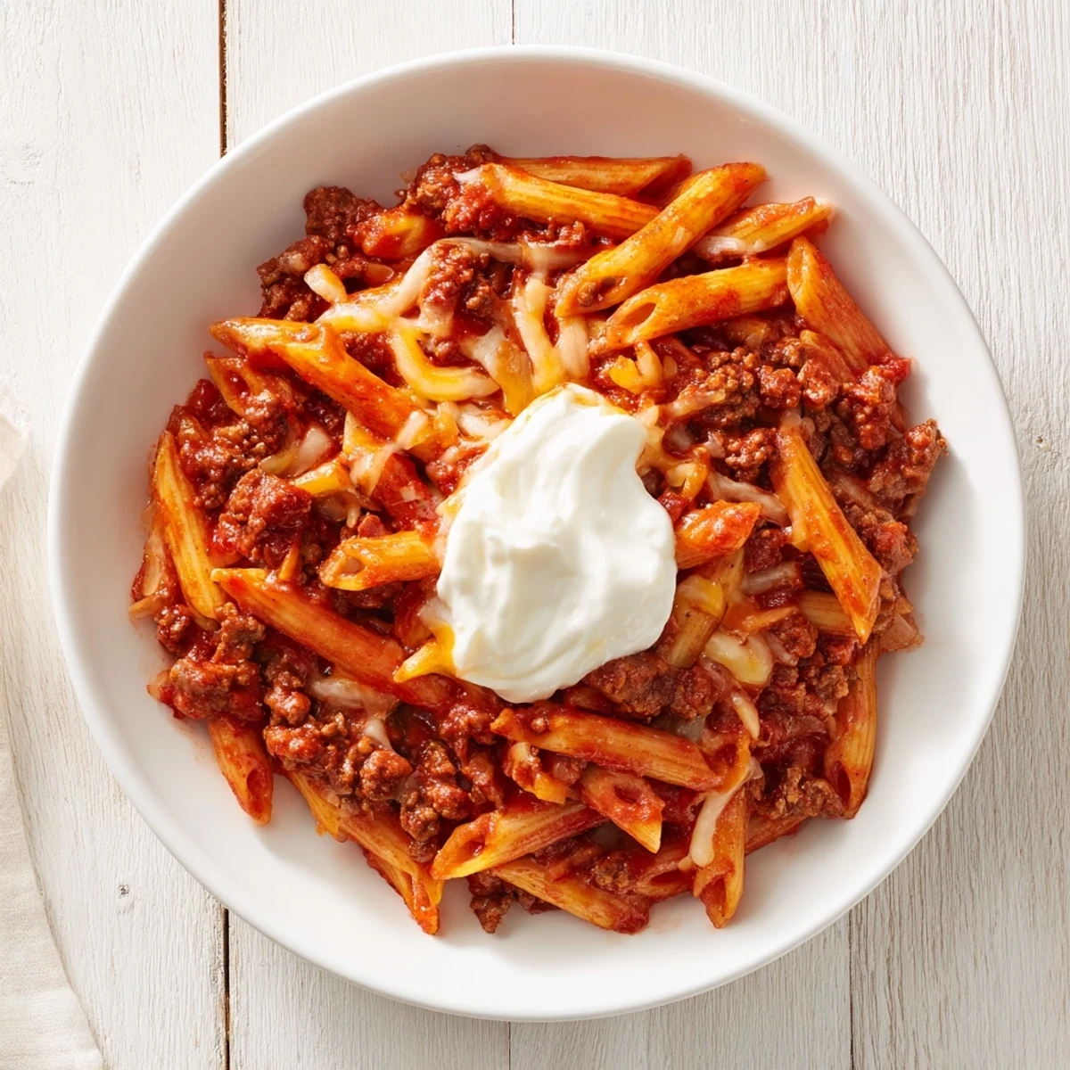 Easy Beef Enchilada Pasta, a one-pot meal, features bubbly cheese atop the hearty, flavorful dish.