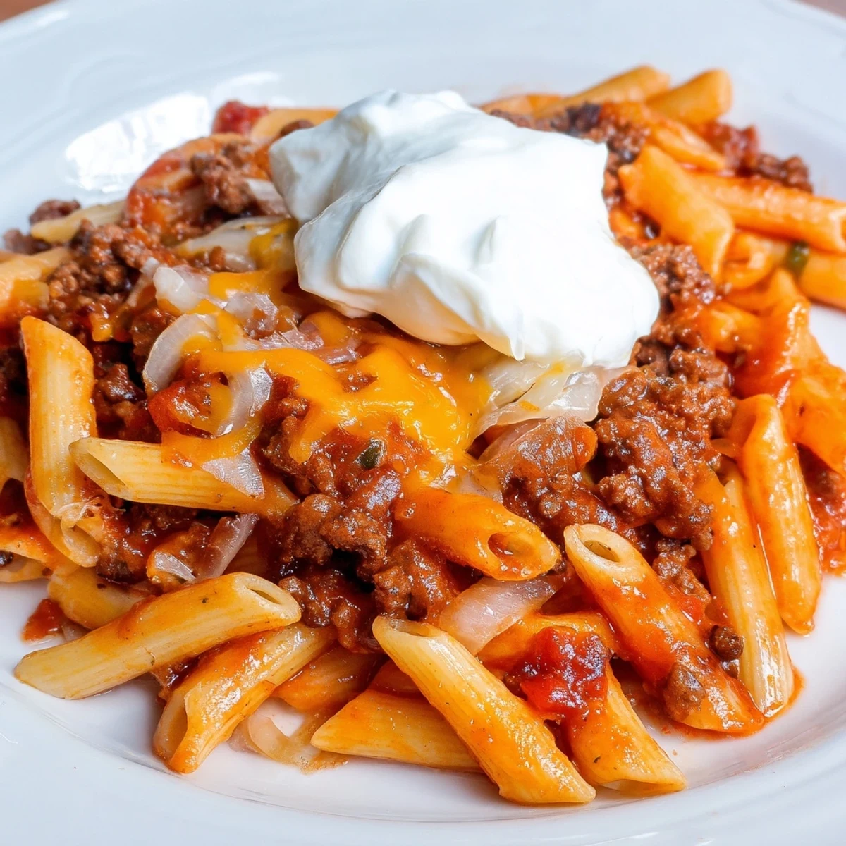 A close-up of Easy Beef Enchilada Pasta, showcasing rich sauce and perfectly cooked penne noodles.
