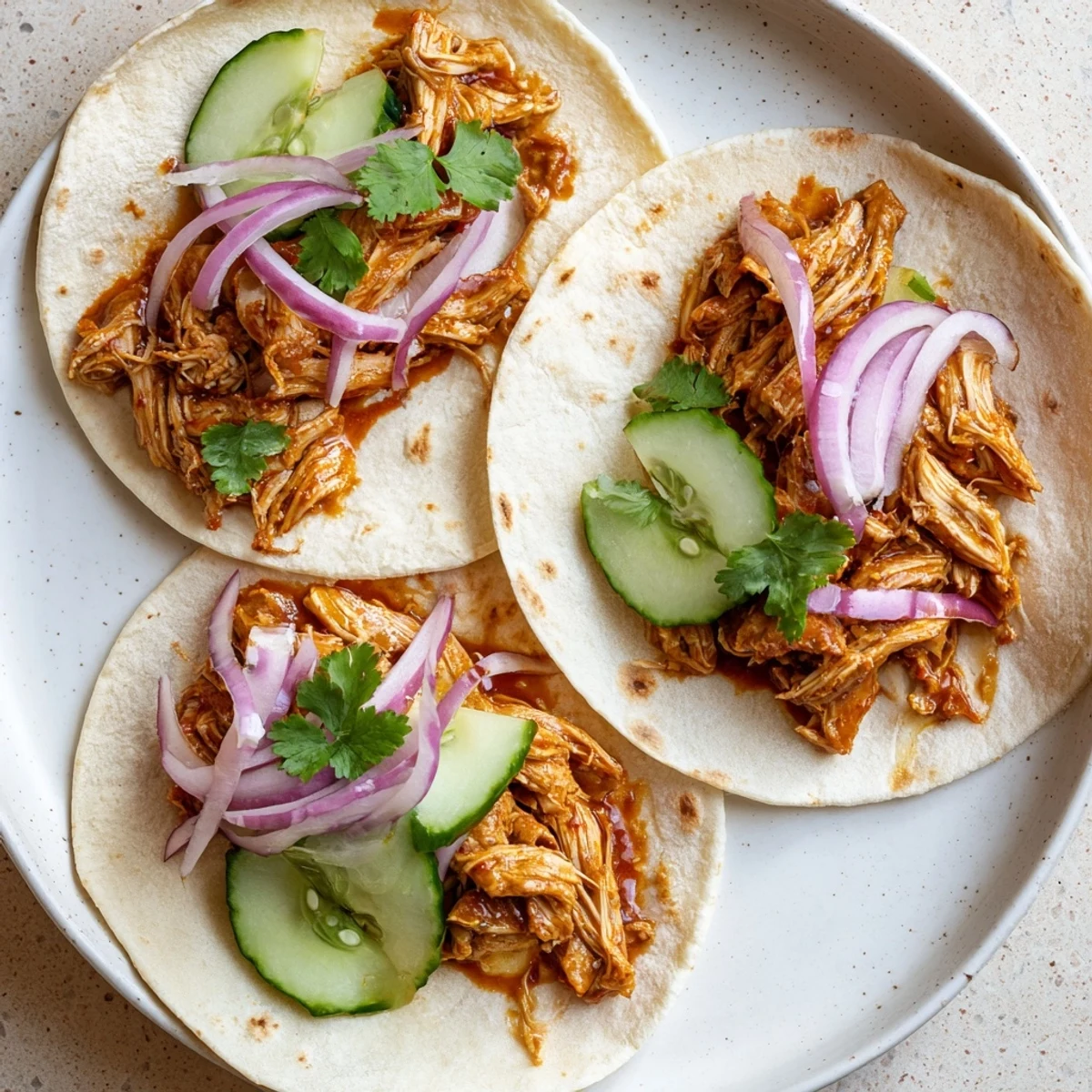 Tender, glazed Sticky Chicken Tikka Masala Tacos, ready to be wrapped in warm tortillas and garnished.