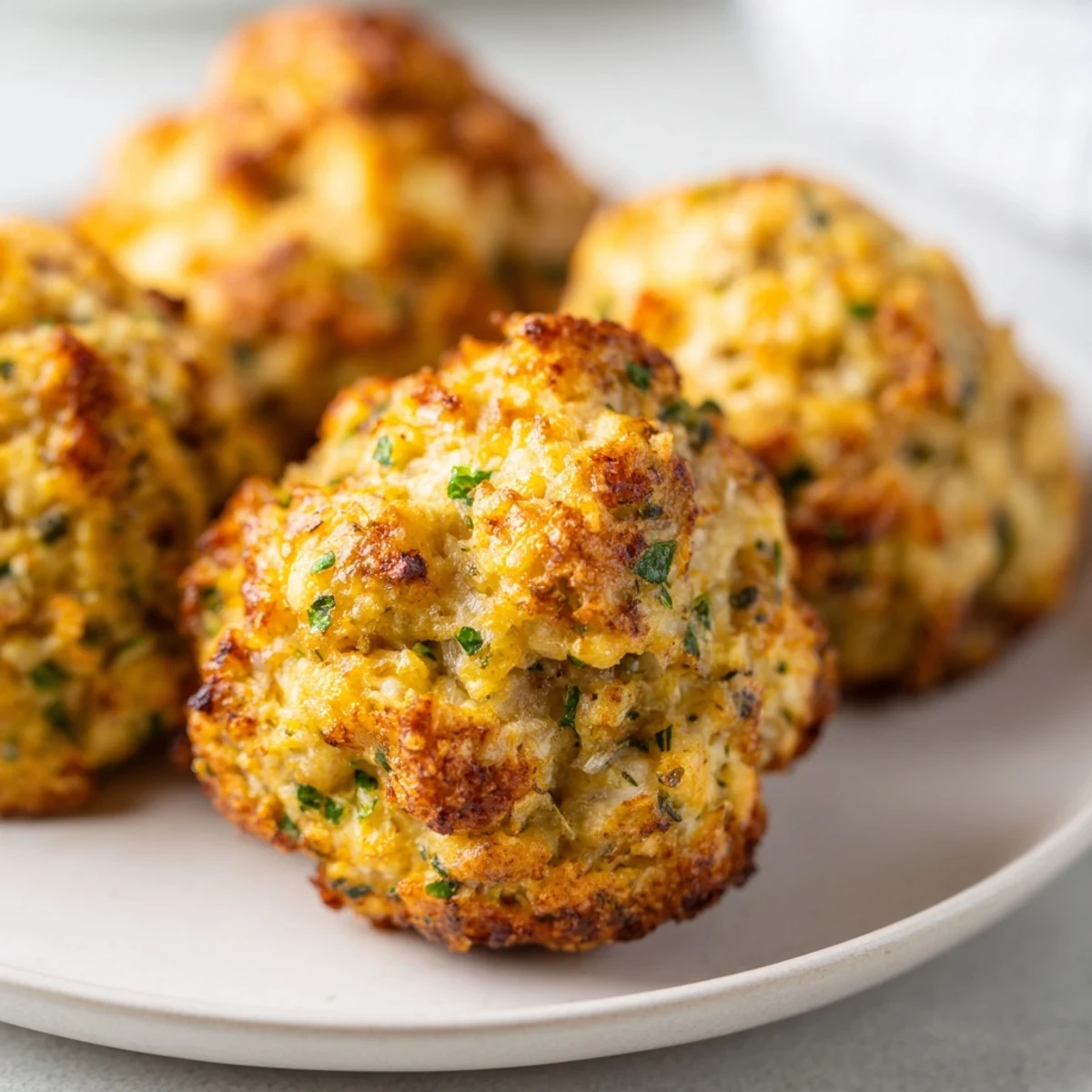 Close-up of savory Quick Christmas Stuffing Balls, ready to serve with a rich, savory aroma.