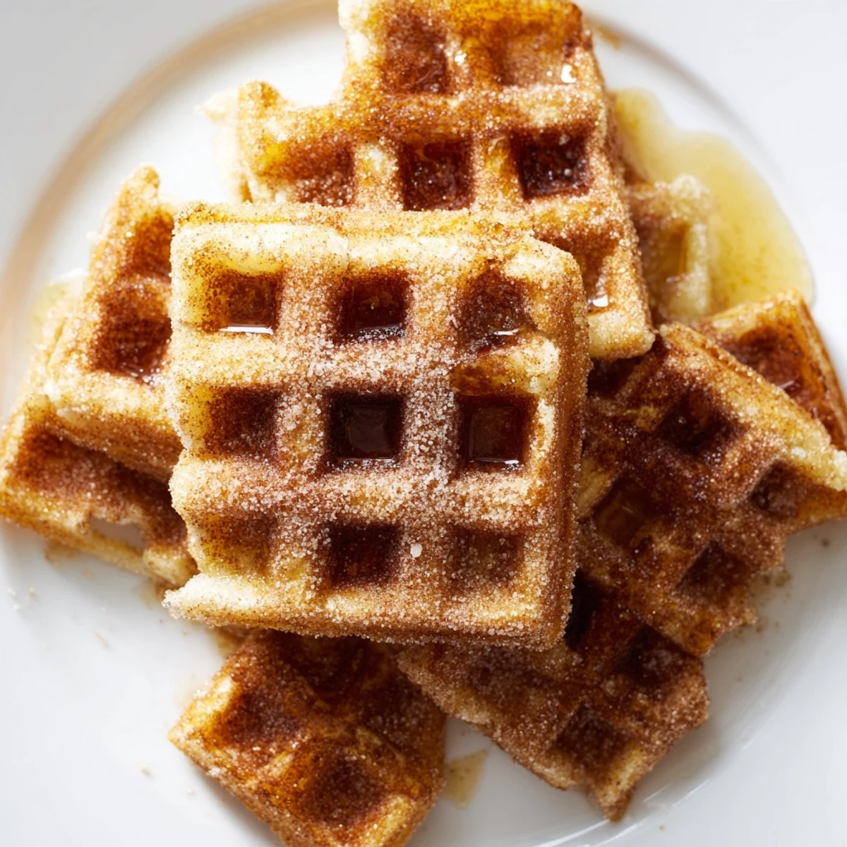 Crispy-edged Express Cinnamon Sugar Churro Waffles, with a dusting of cinnamon sugar, perfect for dessert.