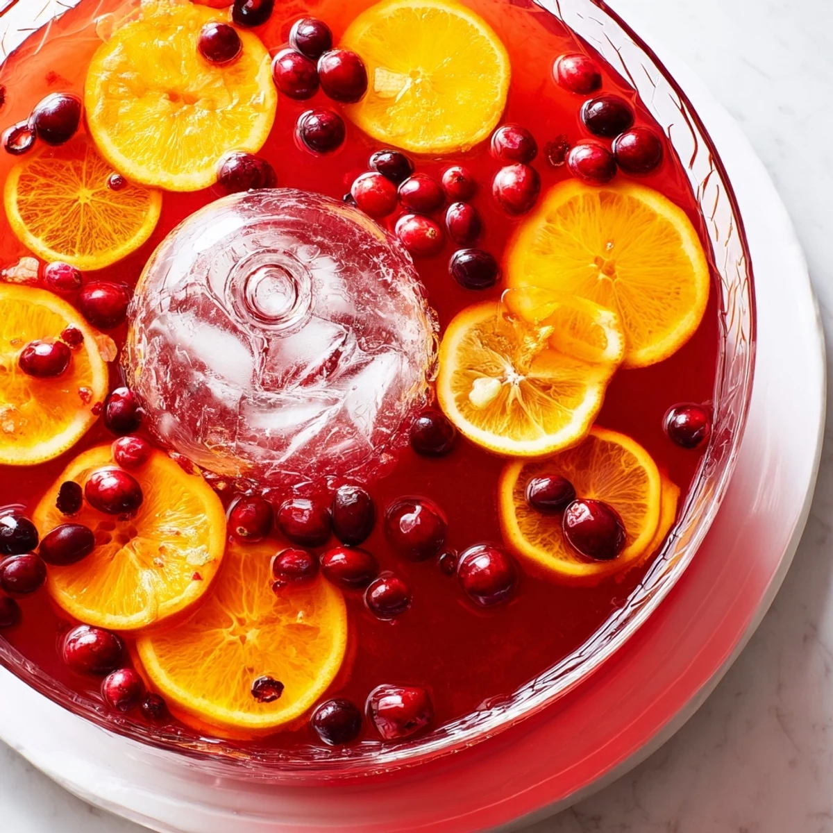 Bright red Quick Holiday Punch with Ice Ring, garnished with a vibrant ice ring perfect for entertaining guests.