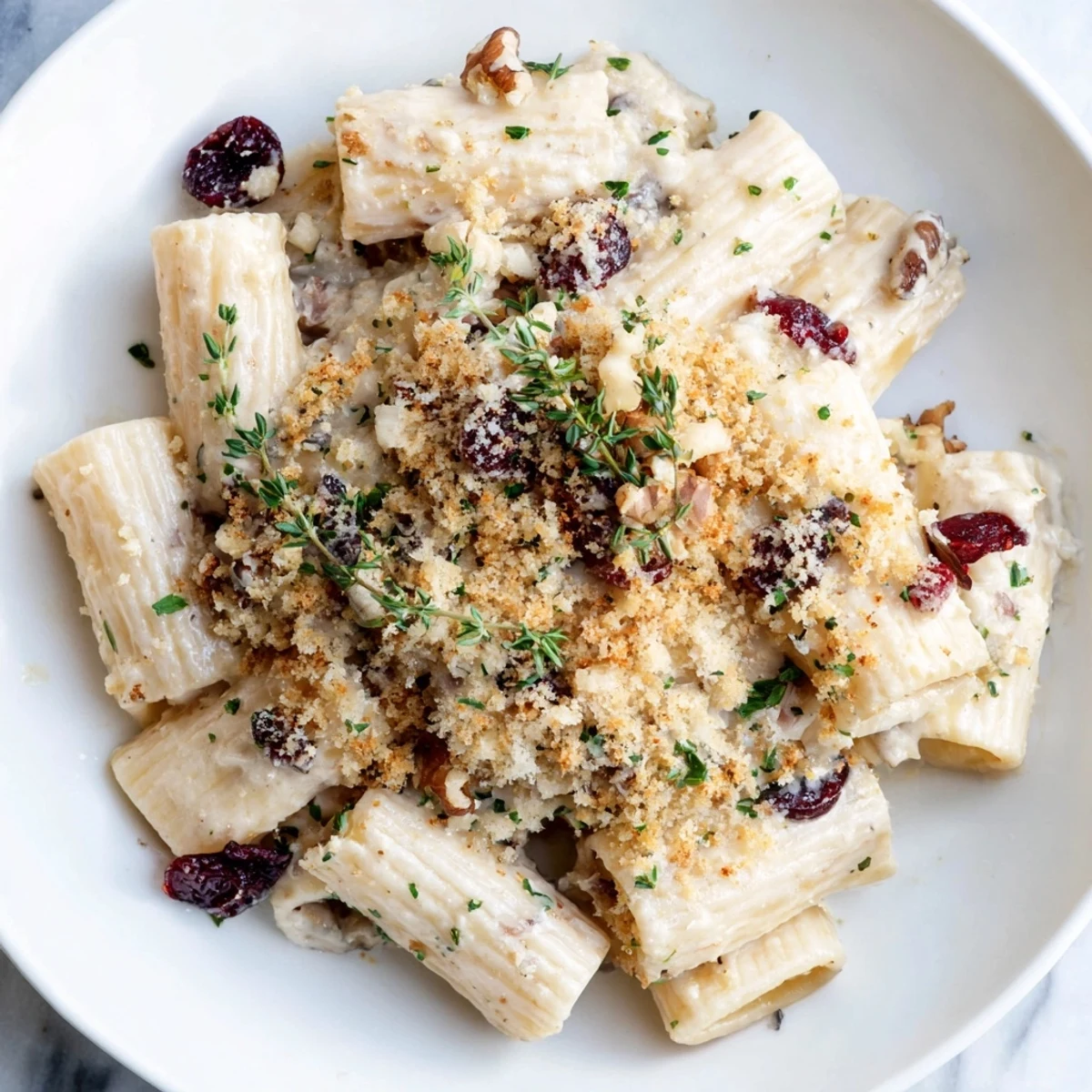 Tossed pasta with brie, cranberries, and a buttery crumb topping, a beautiful Cranberry Brie Tartlet Pasta.