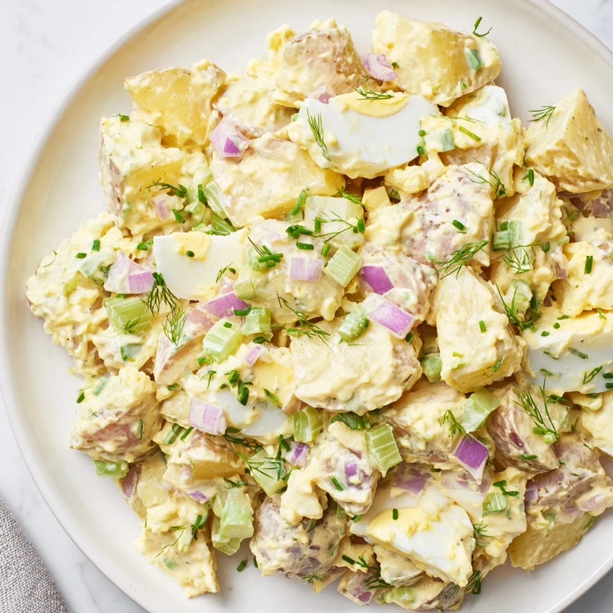 Colorful Chopped Egg and Potato Salad, ready to eat, with fresh herbs and a delicious, creamy look.