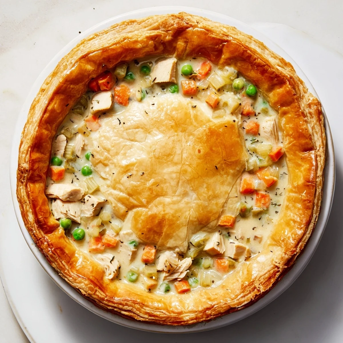 Golden-crusted Marry Me Chicken Pot Pie bubbling with creamy chicken and vegetable filling.
