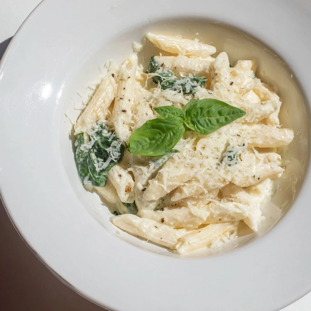 Creamy, green Cottage Cheese Spinach Pasta, ready to serve, sprinkled with Parmesan and pepper.