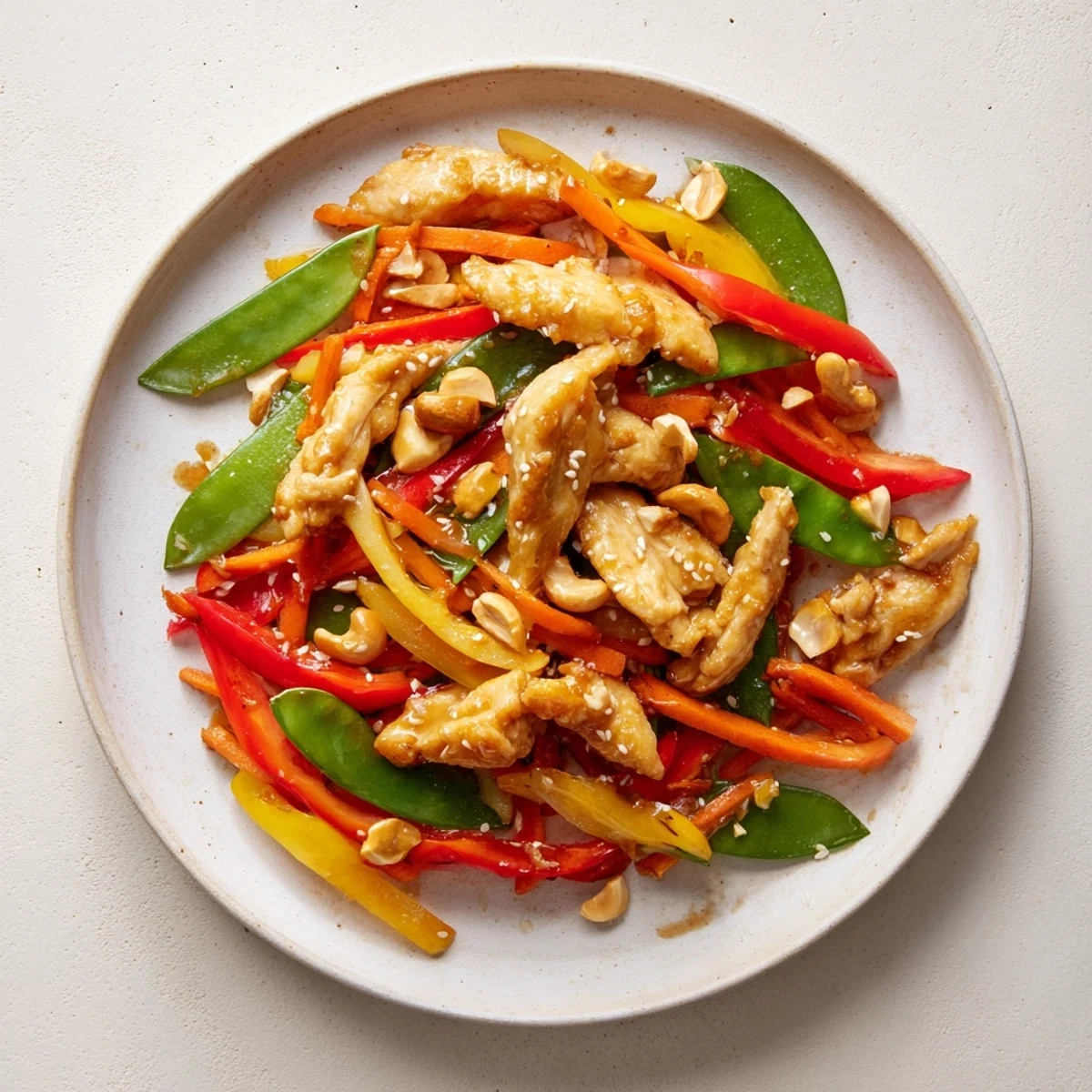 High-Protein Chicken Stir-Fry Salad Bowl with colorful vegetables, perfect for a healthy meal.